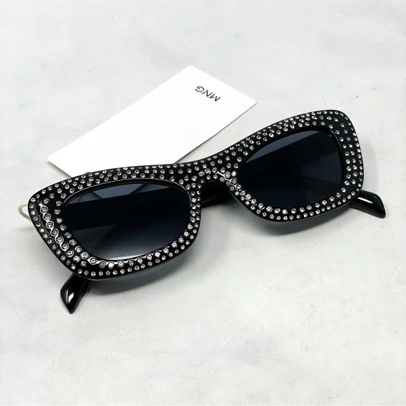 NWT Mango Mng Rhinestone Sunglasses Recycled Materials Black Retro Glam Sexy - Picture 4 of 14